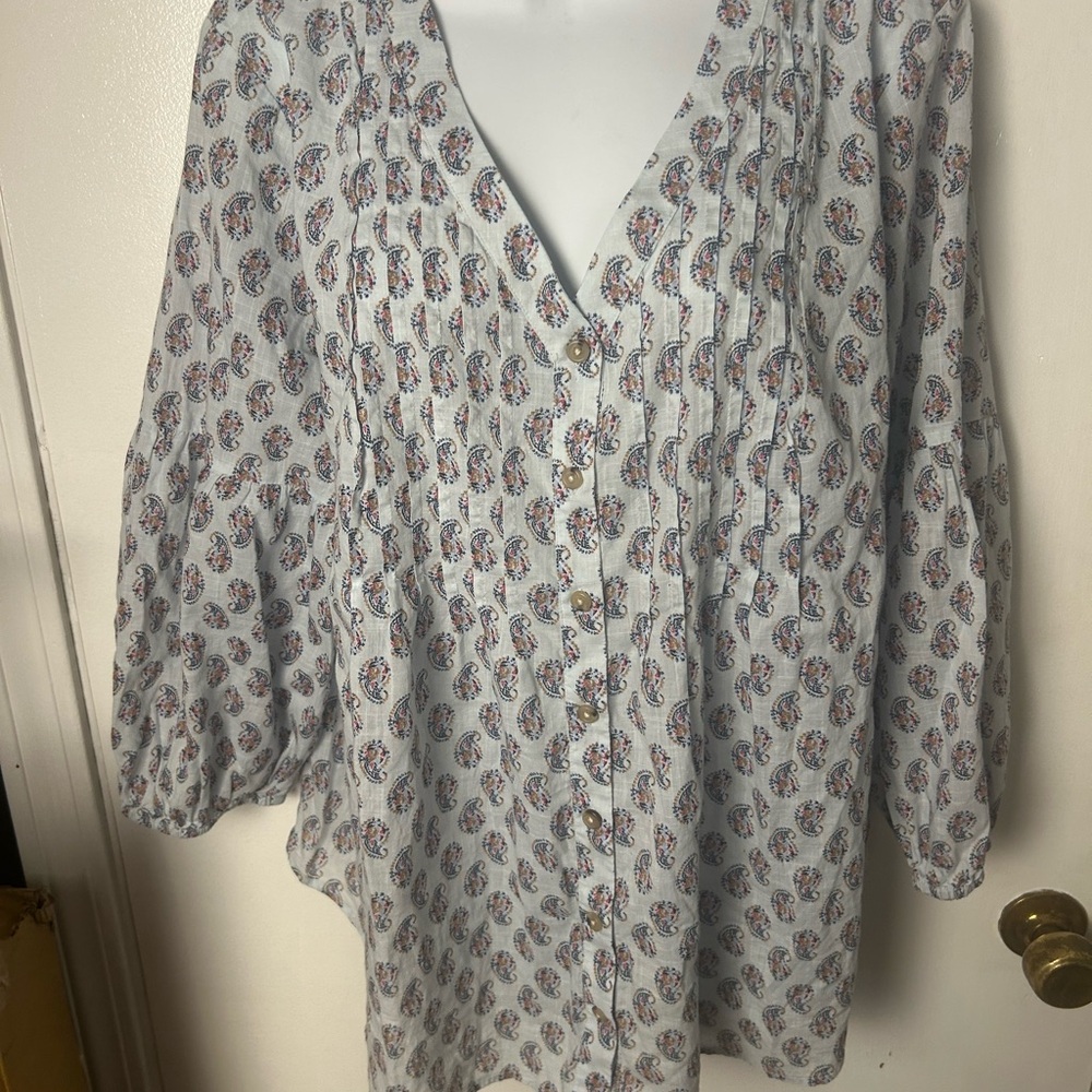 J.Jill Paisley Pintuck Blouse Size Large Boho Peasant Top
